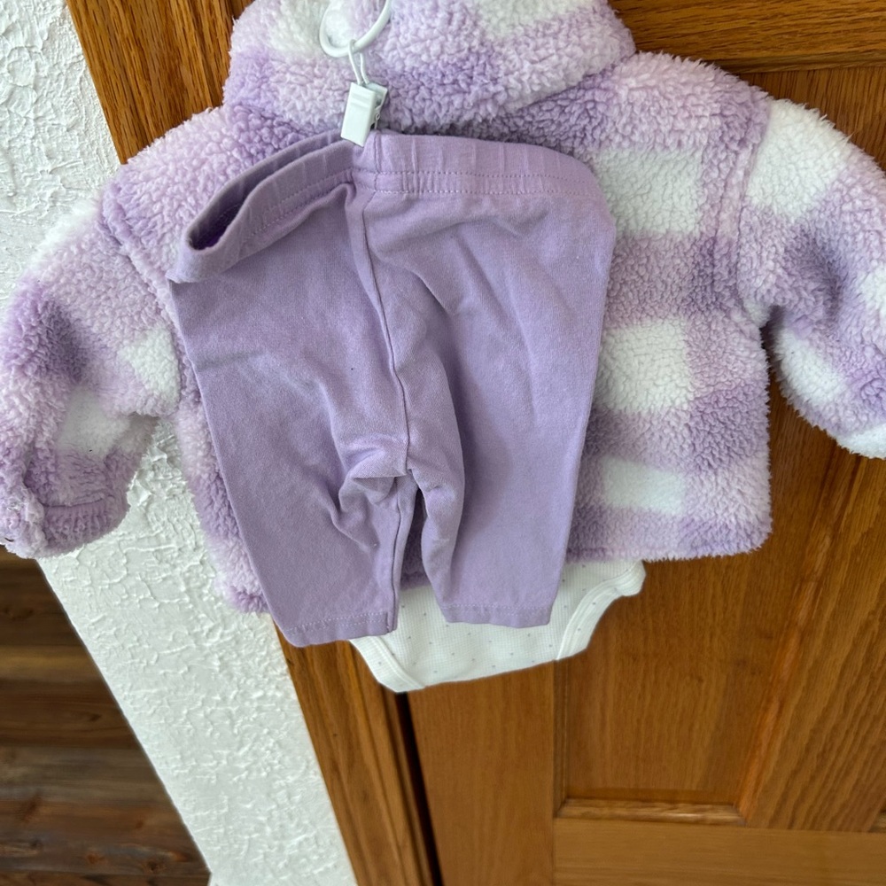 Carter’s Just For You 3 piece Sherpa Jacket Outfit Set with Brown Buttons 3M - Picture 2 of 15